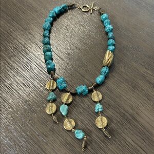 Turquoise Beaded Coin Handmade Necklace - Unbranded